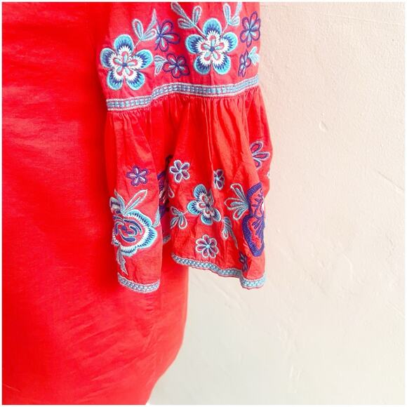 Beach Lunch Lounge Embroidered Bell Sleeve Blouse Size Small Tie Neck Coral Boho - Picture 7 of 10